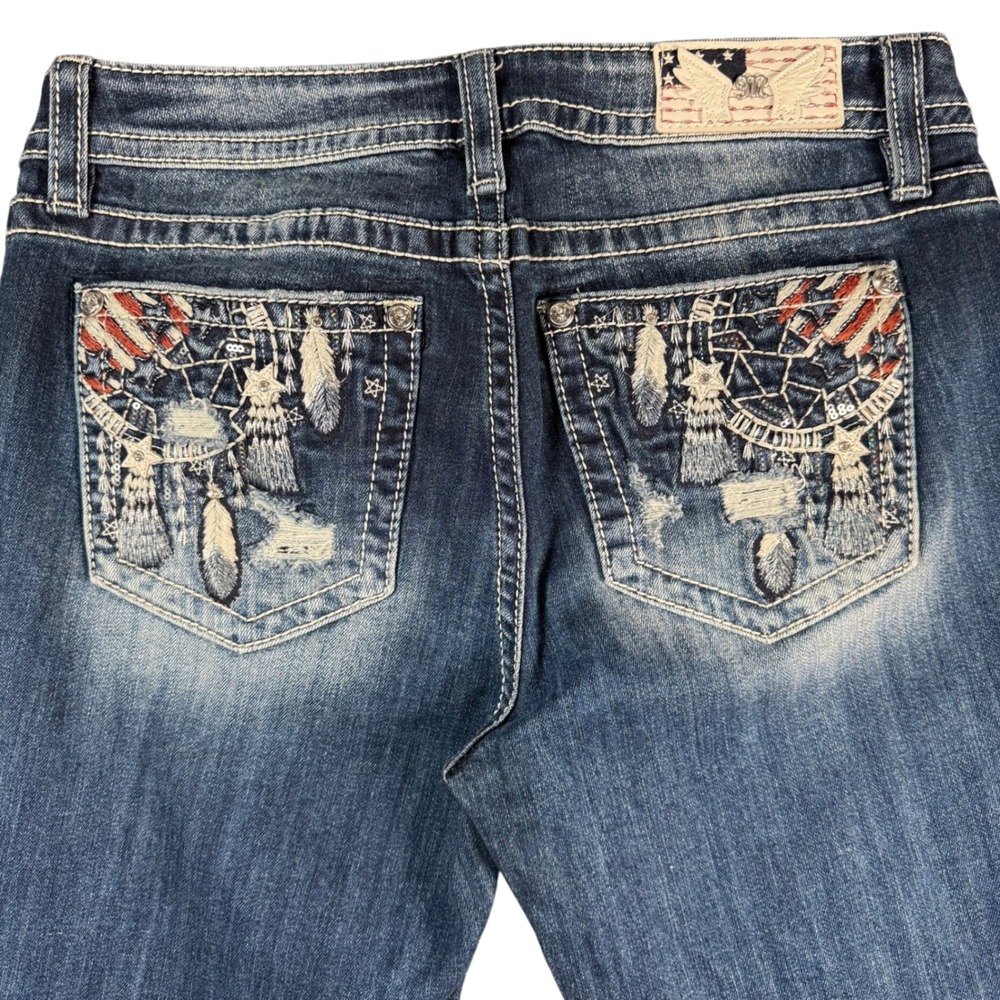 Miss Me Mid-Rise Bootcut Jeans Women 31 Blue Dreamcatcher Embroidered Whiskering